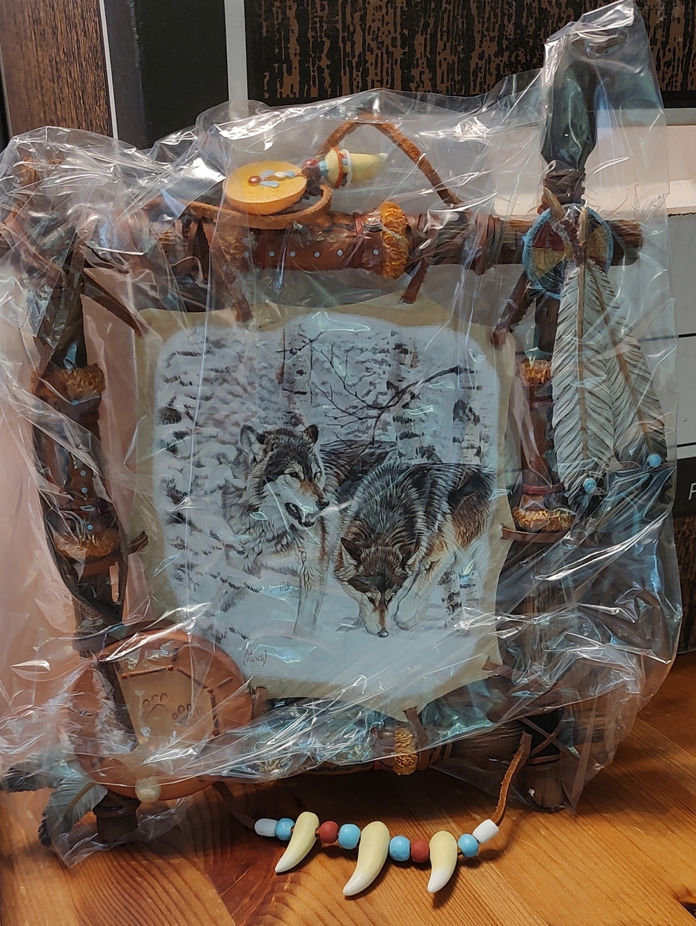 Rustic Brown Wolf Scene Wall Accent with Bead and Feather Details